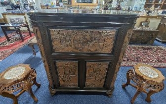 Oriental Style Cocktail Cabinet, fold over top, fitted interior with mirror. Height 42'' x 36'' wide