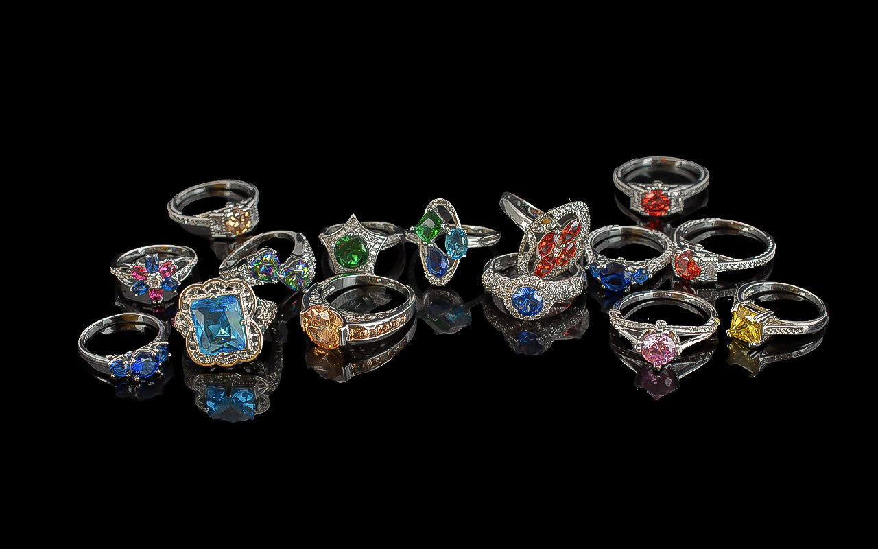 Collection of 925 Silver & Coloured Stone Rings, Different Stones & Sizes. Great Lot. ( 15 ) Rings