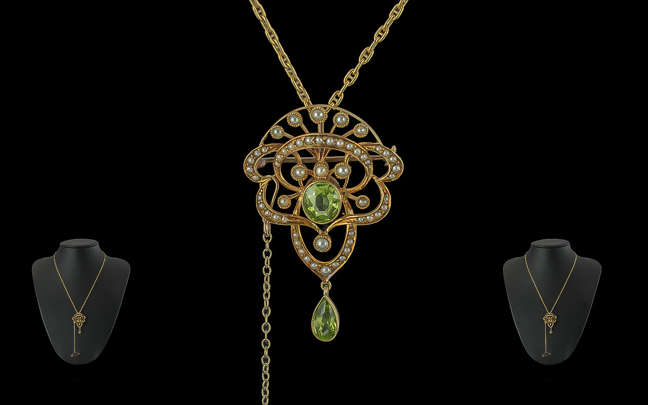 Victorian Period 1837 - 1901 15ct Gold Open Worked Pendant / Brooch, Set with Peridots and Seed