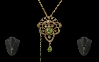Victorian Period 1837 - 1901 15ct Gold Open Worked Pendant / Brooch, Set with Peridots and Seed
