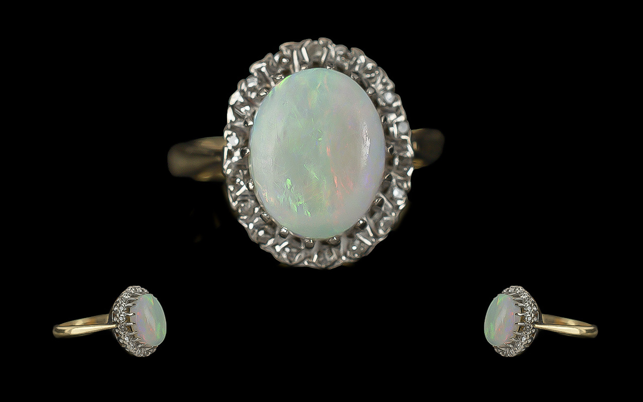 Ladies Attractive 18ct Gold Opal and diamond Set Ring - Marked 18ct To Interior Of Shank.