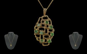 Ladies - Pleasing 9ct Gold Emerald Set Open Worked Pendant with Attached 9ct Gold Chain. Both