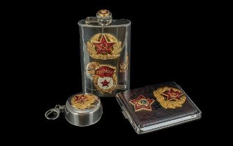 Soviet Armed Forces Flask, two badges, stainless steel. Together with a collapsible cup with key