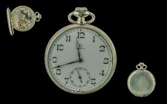 Omega Swiss White Metal Open Faced Keyless Pocket Watch - Omega Signed To Dial And Movement.