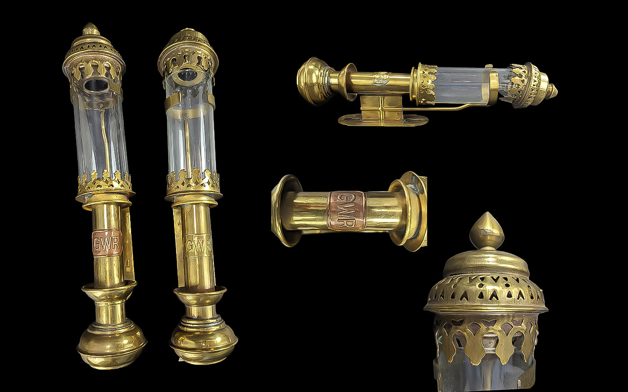 Pair of Brass GWR Oil Wall Lights, good condition, measures 14'' high.