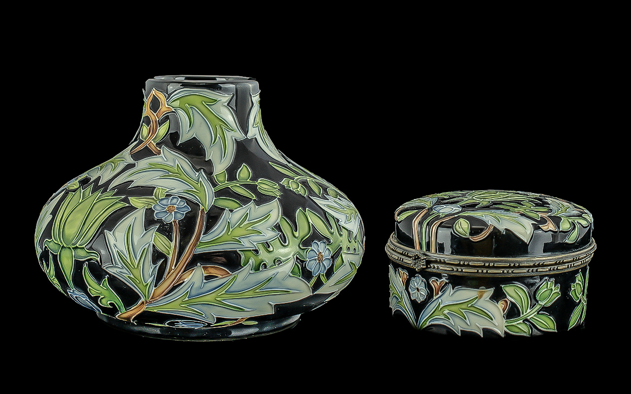 Old Tupton Ware Morris Leaf Squat Vase 5.5 cms in height and matching trinket pot. Full marks to