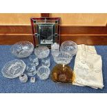 Collection of Vintage Glassware, including jelly moulds, stained glass edged mirror, bowls, lidded