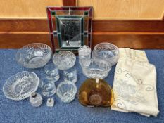 Collection of Vintage Glassware, including jelly moulds, stained glass edged mirror, bowls, lidded