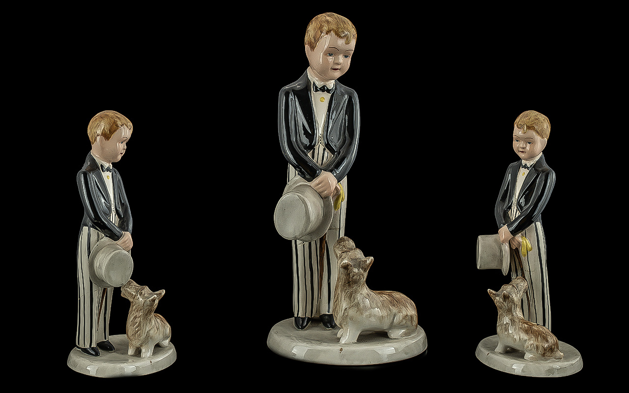 Goldscheider Myott Collaboration Hand Painted Figure 'Boy With Top Hat and Tails' - with striped