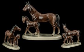 Hertwig Katzhutte Porcelain Hand Painted Horses Figure Group. c.1950s. mare and foal figures, raised