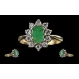 Ladies 18ct Gold Pleasing Emerald and Diamond Set Cluster Ring, Full hallmark to Interior of