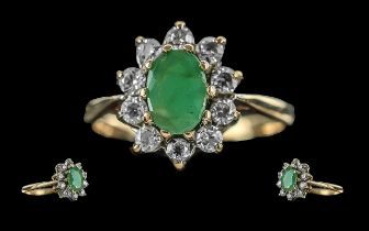 Ladies 18ct Gold Pleasing Emerald and Diamond Set Cluster Ring, Full hallmark to Interior of