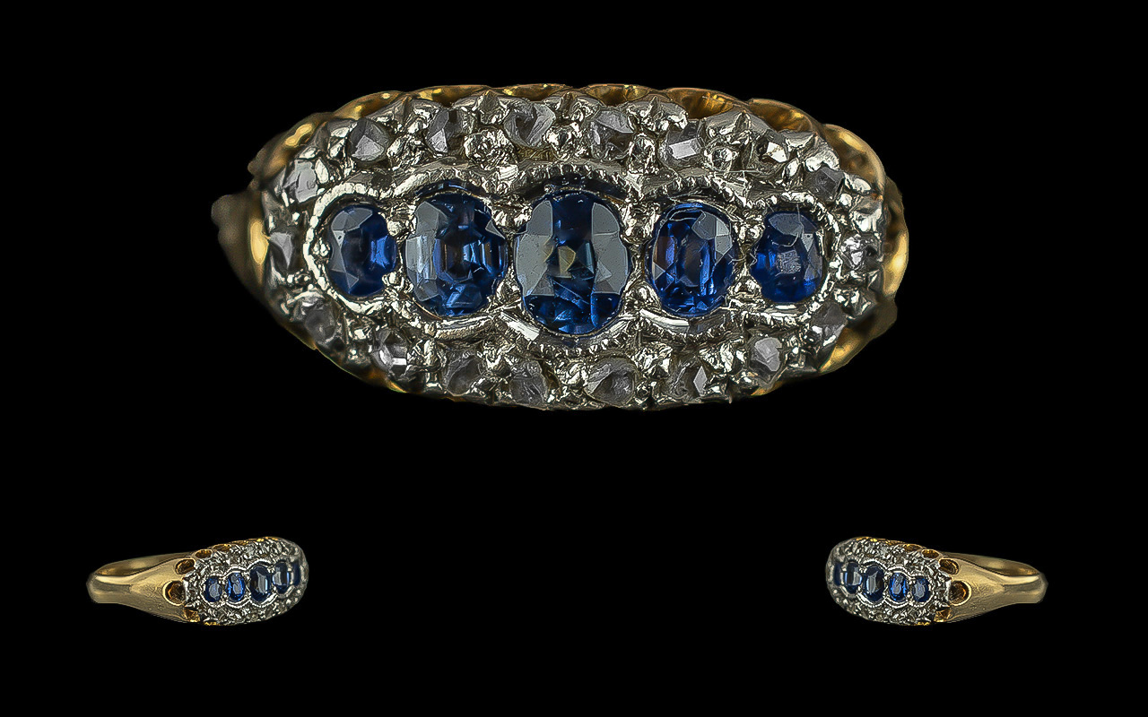 Antique period 18ct gold sapphire and diamond set ring, marked 18ct to shank, the blue sapphires