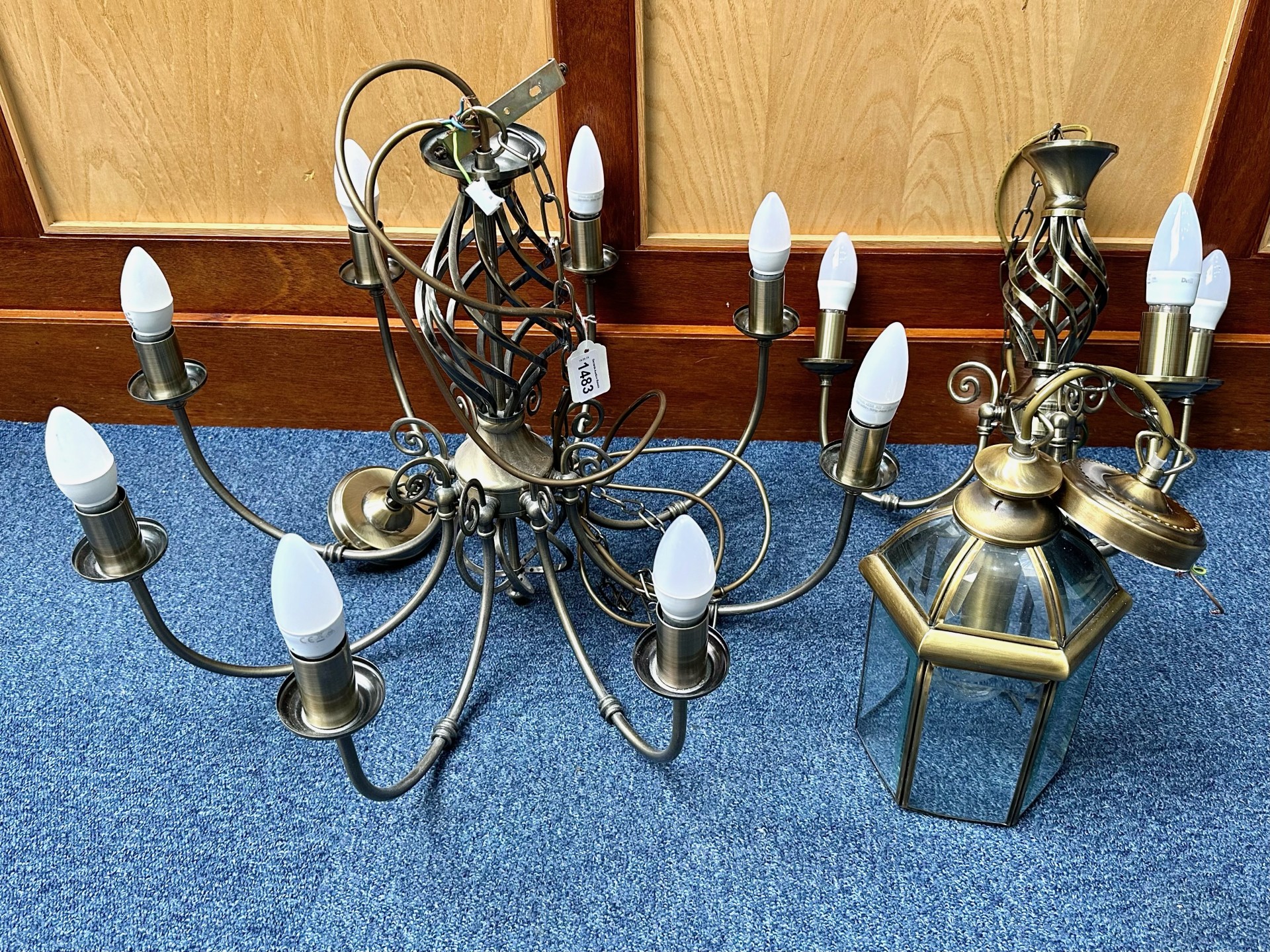 Three Light Fittings comprising a seven branch and a three branch in brushed steel effect and a