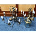 Three Light Fittings comprising a seven branch and a three branch in brushed steel effect and a