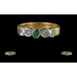 Ladies 18ct Gold Excellent Quality 3 Stone Diamond And Emerald Set Dress Ring - Full Hallmark To