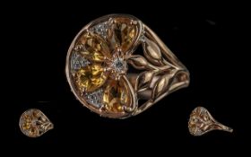 Designer Statement Citrine Flower Ring, size R, an unusual, asymmetric, design with a four petal,