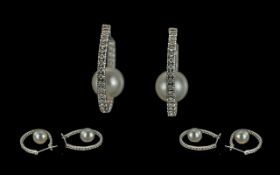 Ladies Fine Pair of 18ct White Gold Hoop Earrings, Each Set with Cultured Pearl and Diamonds,