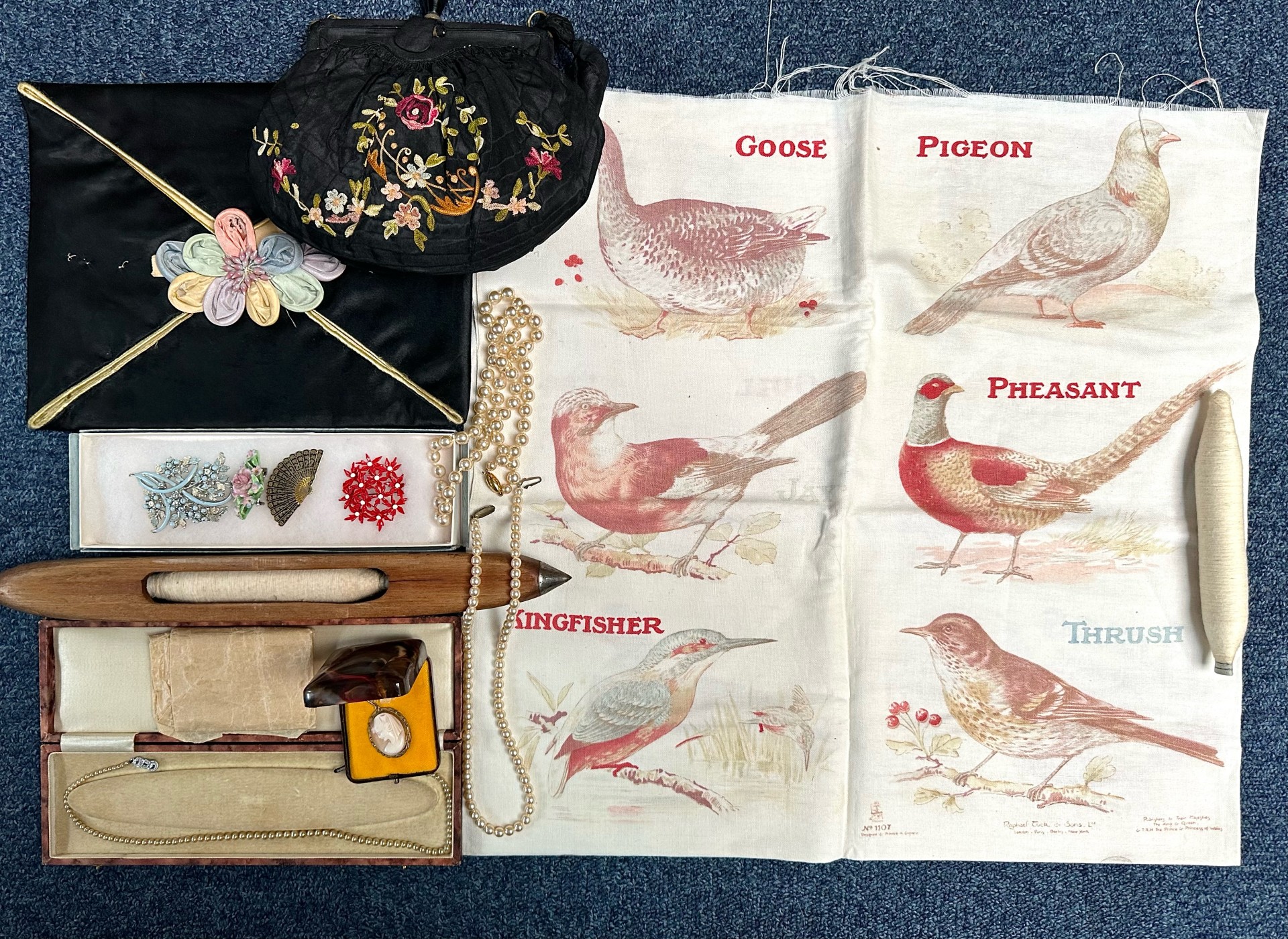 Vintage Collection of Items, including a black silk and embroidery handbag, with interior mirror and