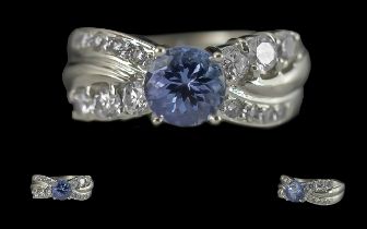 Ladies 14ct White Gold Tanzanite and Diamond Set Dress Ring. Marked 14ct to Interior of Shank. The