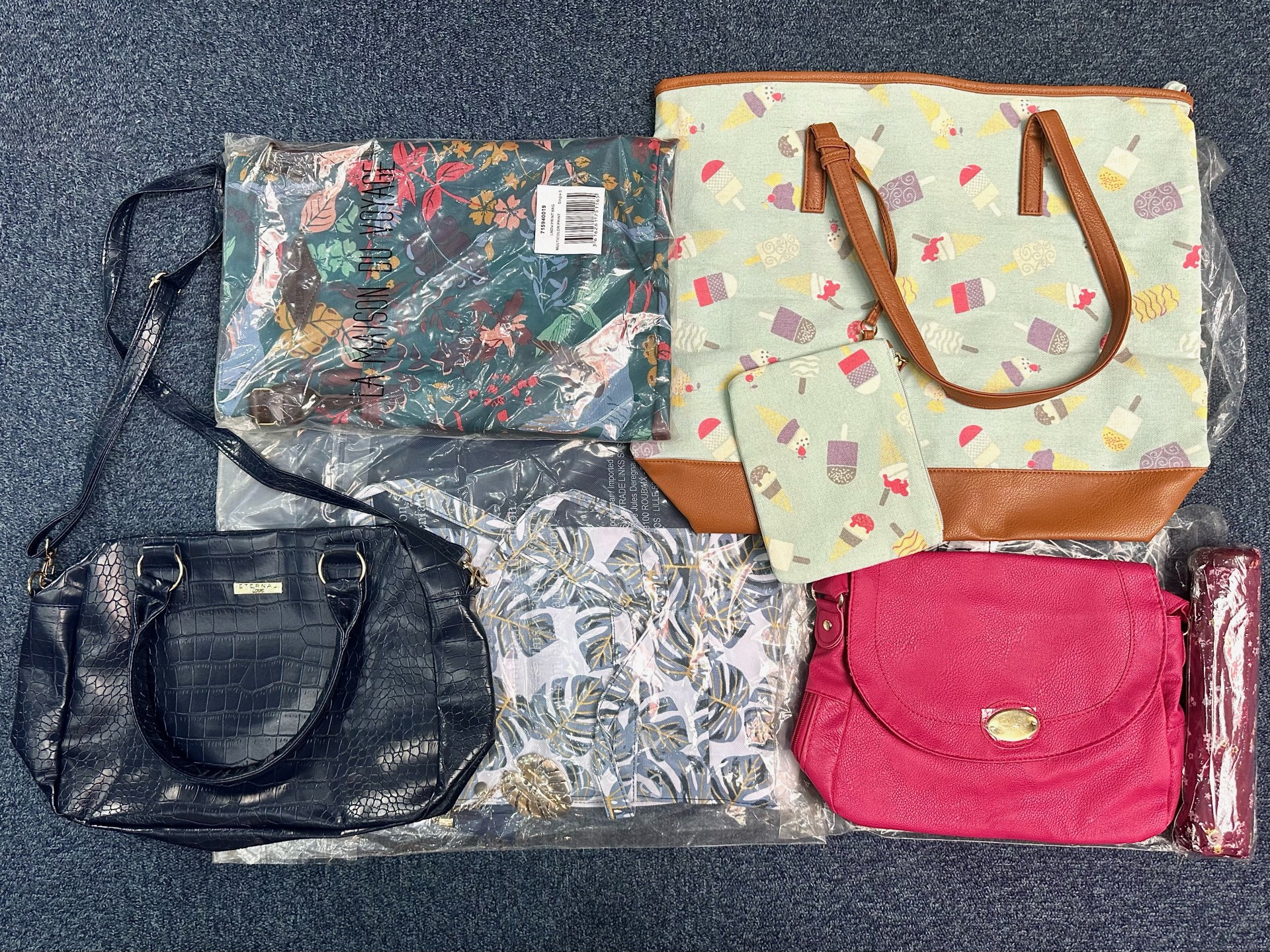 Collection of New Bags, comprising two handbags, a Natalie Anderson pink bag with floral lining