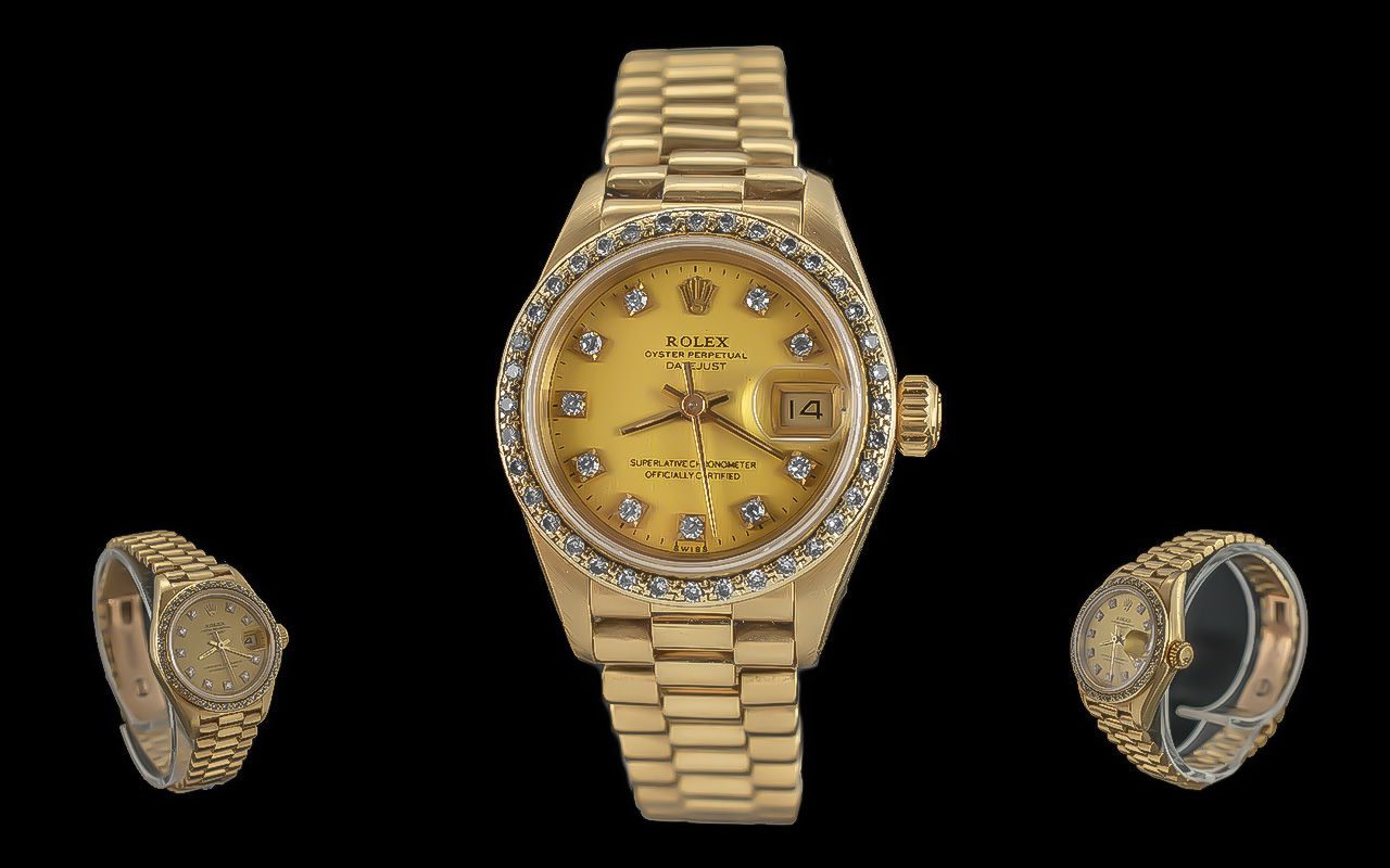 Rolex oyster perpetual date-just ladies 18ct gold chronometer wrist watch. features diamond set