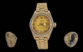 Rolex oyster perpetual date-just ladies 18ct gold chronometer wrist watch. features diamond set
