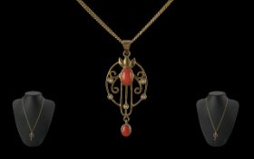 Art Nouveau Ladies Pleasing 9ct Gold Stylish Open Worked Pendant with Drop, Set with Coral and