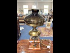 Large Decorative Table Lamp, wooden square base with brass and purple glass shade in the style of an