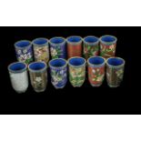 Box of Twelve Oriental Cloisonne Coffee/Tea Cups, no handles, with wooden stands, assorted colours