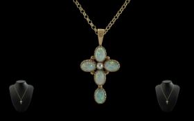 Ladies - Excellent and Pleasing 9ct Gold and Opal Set Pendant - Cross, with attached 9ct gold chain,