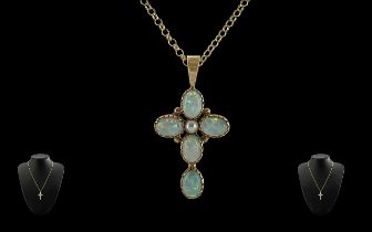 Ladies - Excellent and Pleasing 9ct Gold and Opal Set Pendant - Cross, with attached 9ct gold chain,