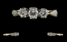 18ct Gold and Platinum 3 Stone Diamond Set Ring - Marked 18ct To Interior of Shank. The 3 Old