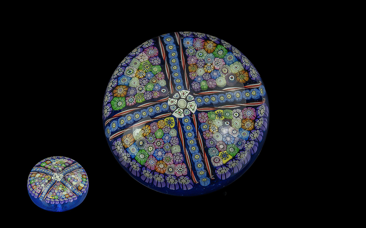 Millefiori Paper Weight by Crieff of Scotland, royal blue with colourful floral design. Measures