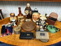 Box of Pottery to include Toby Jugs, Ale Jugs, Frangelis Liqeuer bottle, candlestick, Bell's