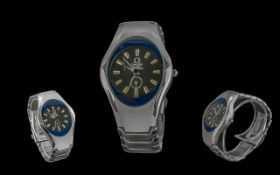 Omega ladies stainless steel quartz wrist watch. features black dial, with blue outer glow, silver