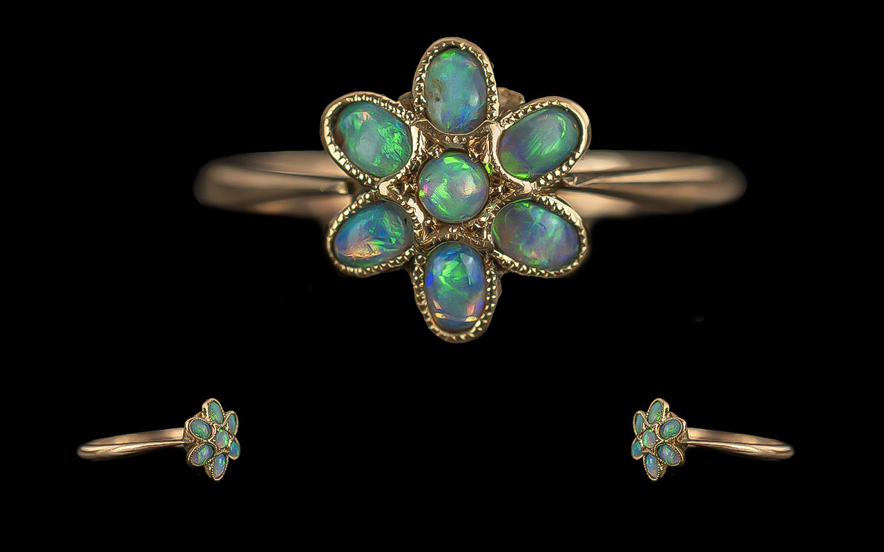 Antique Period Petite 9ct Gold Opal Set Cluster Ring - Marked 9ct To Interior Of Shank. Well