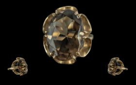 Ladies 9ct Gold - Pleasing Large Single Stone Smoky Topaz Set Ring, Full hallmark to interior of