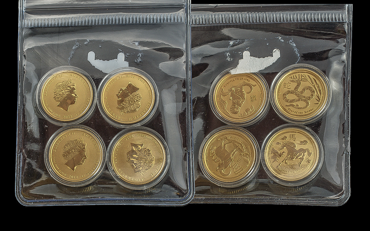 Royal Mint Elizabeth II Set of Fine Australia Lunar Series Gold 1/10 oz 9999 Gold Coins x 4. Dates