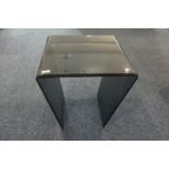 Modern Design Glass Coffee Table, dark purple colour, top measures 19'' x 20'', height 20''. Two