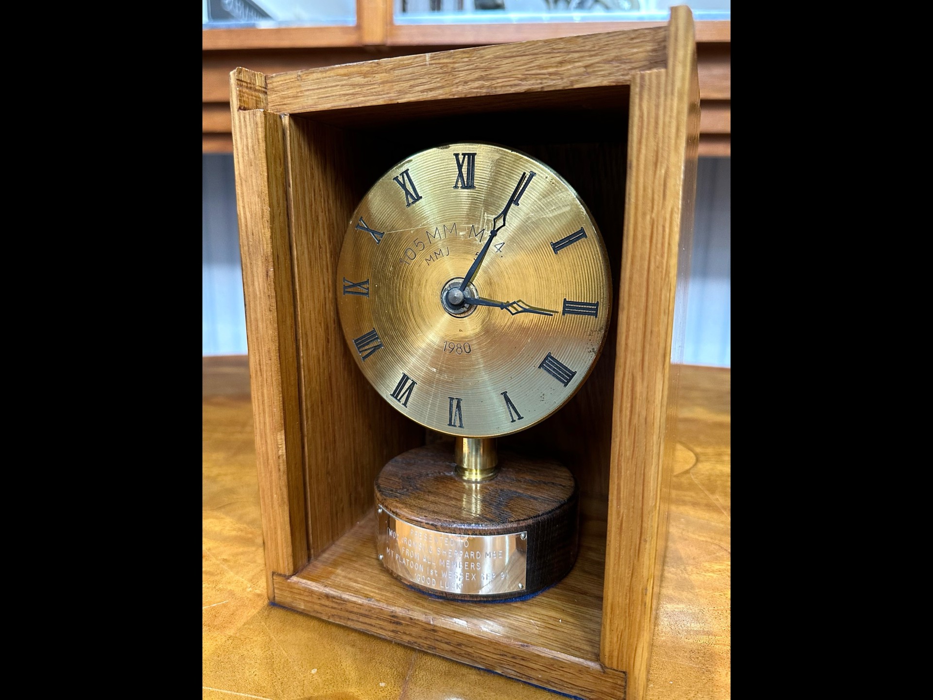 Military Interest A Presentation Clock housed in a wooden box. Together with a trophy of two armed - Image 2 of 3