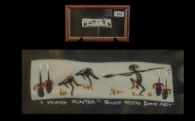 Aboriginal Bone Art, Rare Vintage plaque in original frame titled 'Young Hunter' by Bush Myths