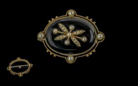 Victorian Period 15ct Gold Black Enamel and Seed Pearl Set Brooch. Marked 15ct. The Brooch In Very