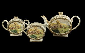 Sadler Teapot, Milk Jug and Lidded Sugar Bowl, design of horses and riders.