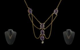 Edwardian Period 1901- 1910 Attractive 9ct Gold Seed Pearl and Amethyst Set Necklace, Pleasing