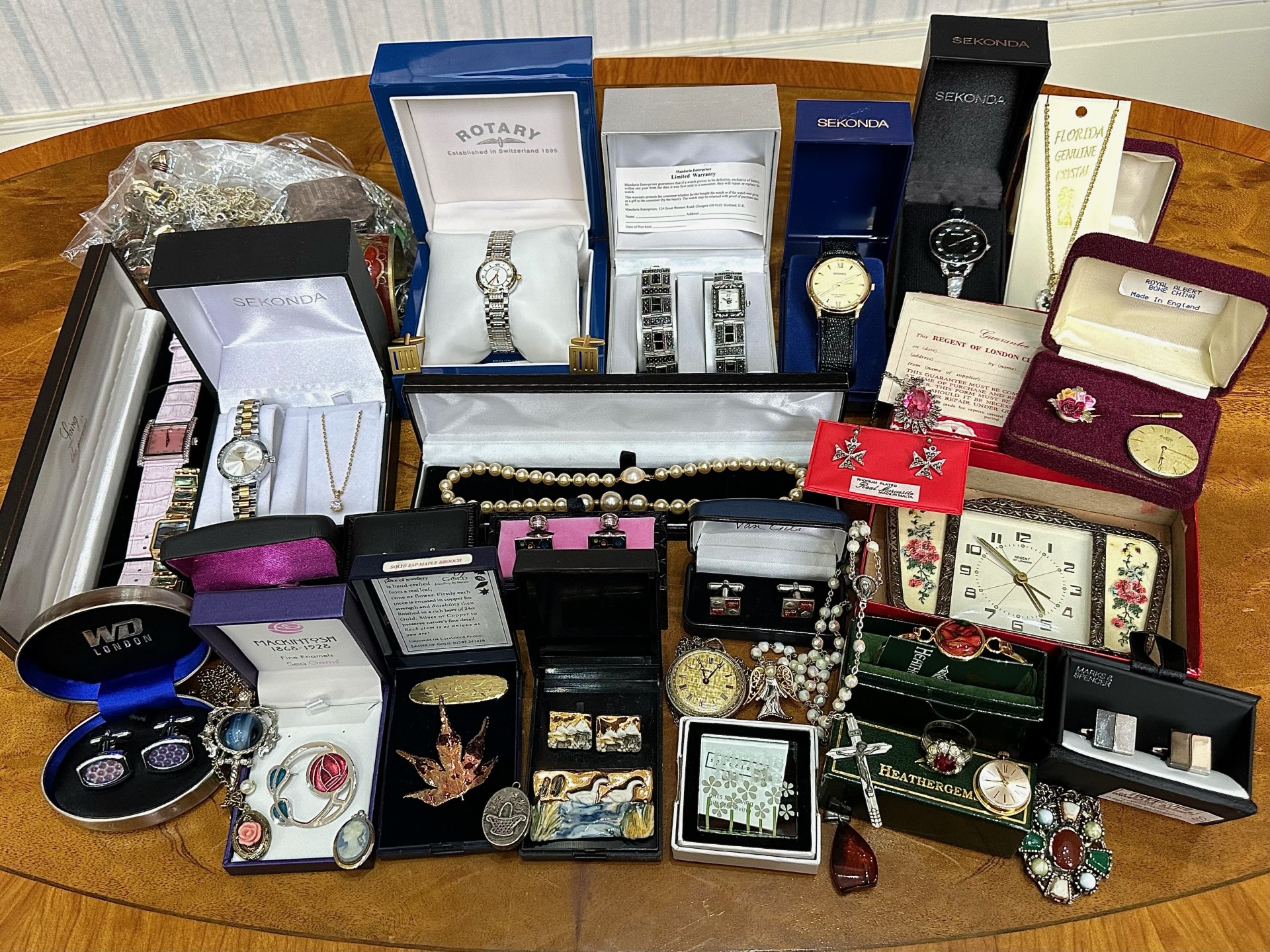 Collection of Costume Jewellery and boxed watches, including Rotary, Sekonda, etc. Silver hallmarked