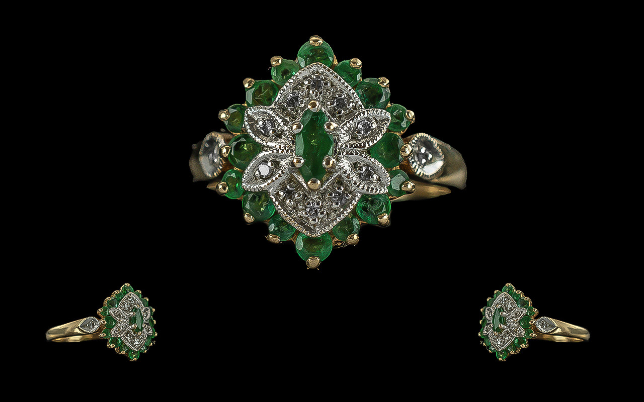 Ladies 9ct Gold Attractive Emerald and Diamond Set Ring, Full Hallmark to Shank, Emeralds of Good