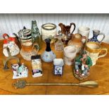 Box of Assorted Pottery, to include a tankard, various jugs, vase, teapot, old glass bottles,