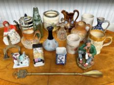 Box of Assorted Pottery, to include a tankard, various jugs, vase, teapot, old glass bottles,