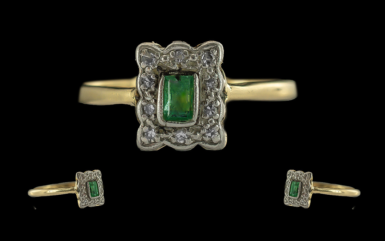 Edwardian Period 1901 - 1910 Petite 18ct Gold Emerald and Diamond Set Ring, marked 18ct to shank,